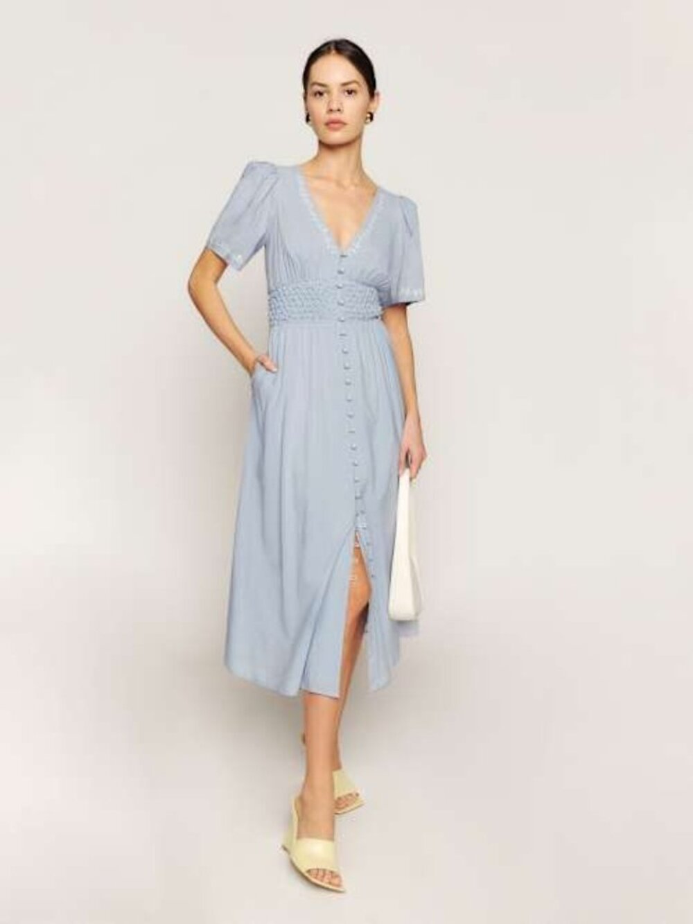 Reformation Light Blue Linen Embroidered Floral Kamryn Midi Dress Size 12